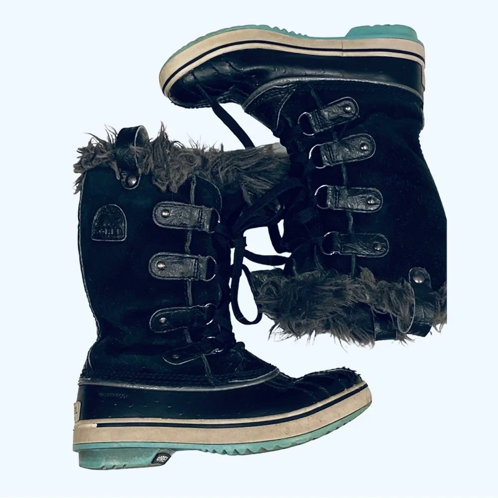 Girls Sorel Joan of Arctic Snow Winter Snow Boots Black Faux Fur Lace Up 1